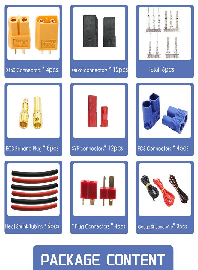 HOPLEX T-Plug EC3 XT60 Male Female Connector Adapters & Servo Plug Male Female Connector Crimp Pin Cable Kit +14AWG Silicone Wire for RC Models DIY(111PCS) - Image 5
